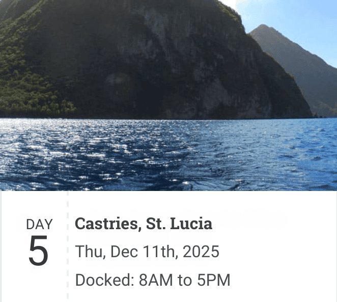 Scenic view of lush mountains and ocean in St. Lucia with travel itinerary details.